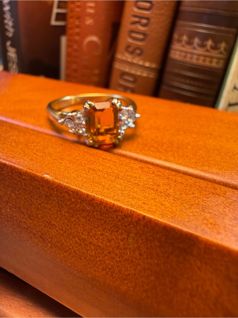Citrine Color Ring Emerald Cut CZ Accents Size 7.5 Prong Set Cocktail